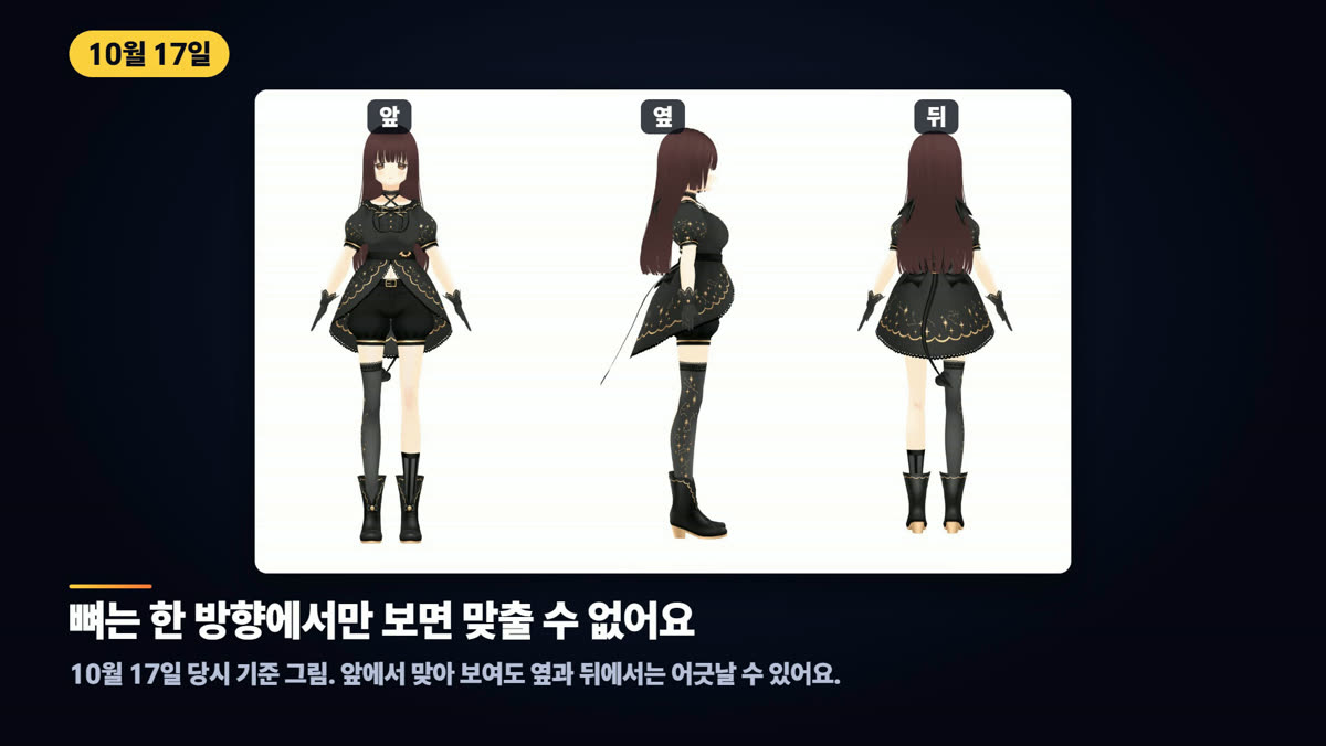 뼈는 한 방향에서만 보면 맞출 수 없어요 — 10월 17일 당시 기준 그림. 앞에서 맞아 보여도 옆과 뒤에서는 어긋날 수 있어요.