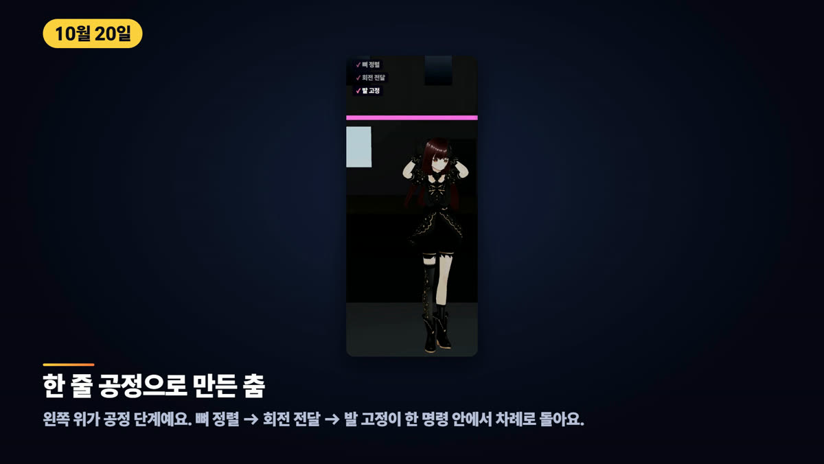 한 줄 공정으로 만든 춤 — 왼쪽 위가 공정 단계예요. 뼈 정렬 → 회전 전달 → 발 고정이 한 명령 안에서 차례로 돌아요.