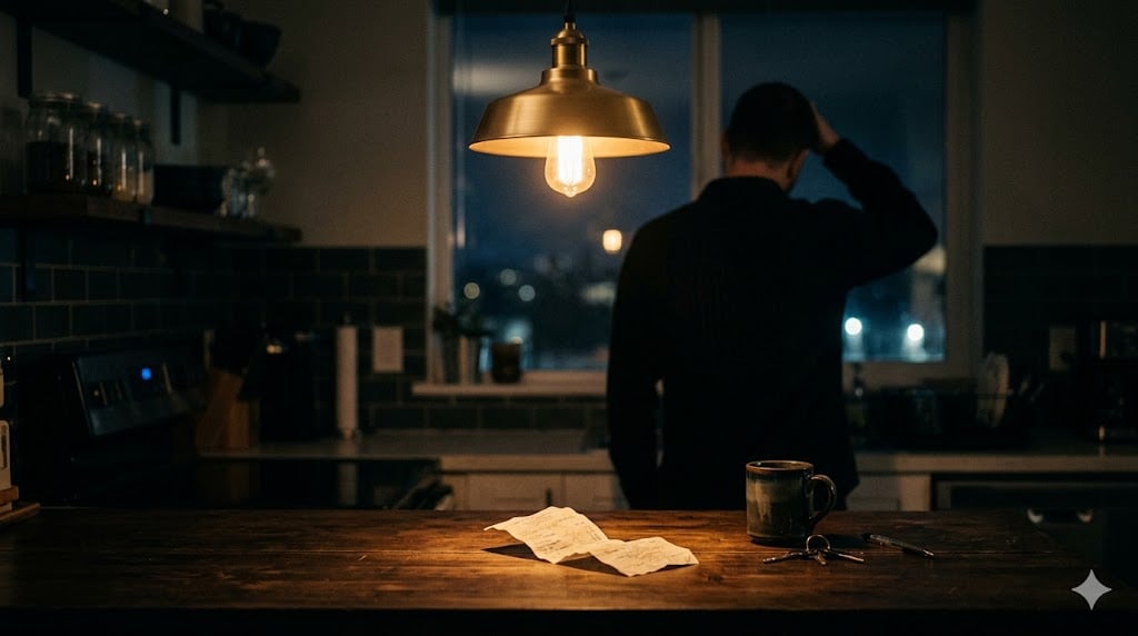 영수증을 보며 한 손으로 이마를 짚는 검은 셔츠 입은 