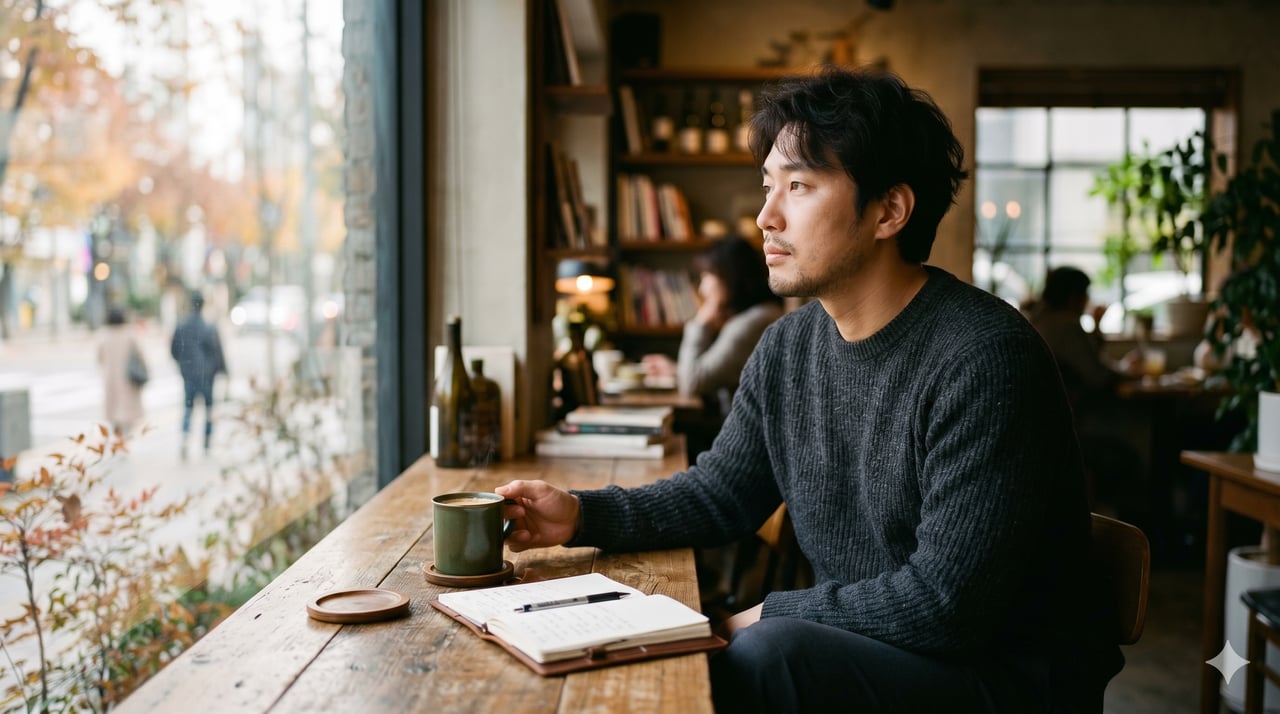 책상 위에 놓인 따뜻한 커피 잔을 만지며 깊은 생각에 