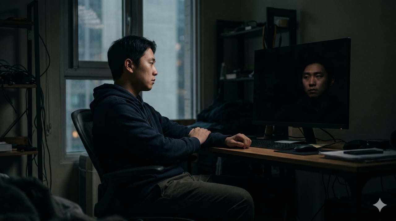 어두운 방 안에서 꺼진 모니터 화면에 비친 자신의 얼굴