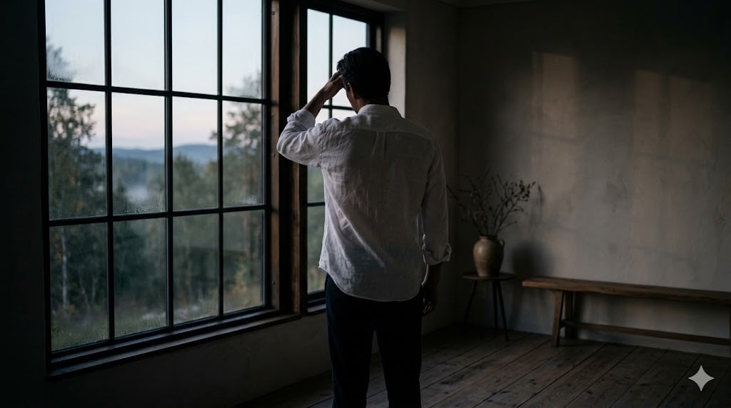 한 손으로 이마를 짚으며 한숨을 쉬는 흰 셔츠 입은 남