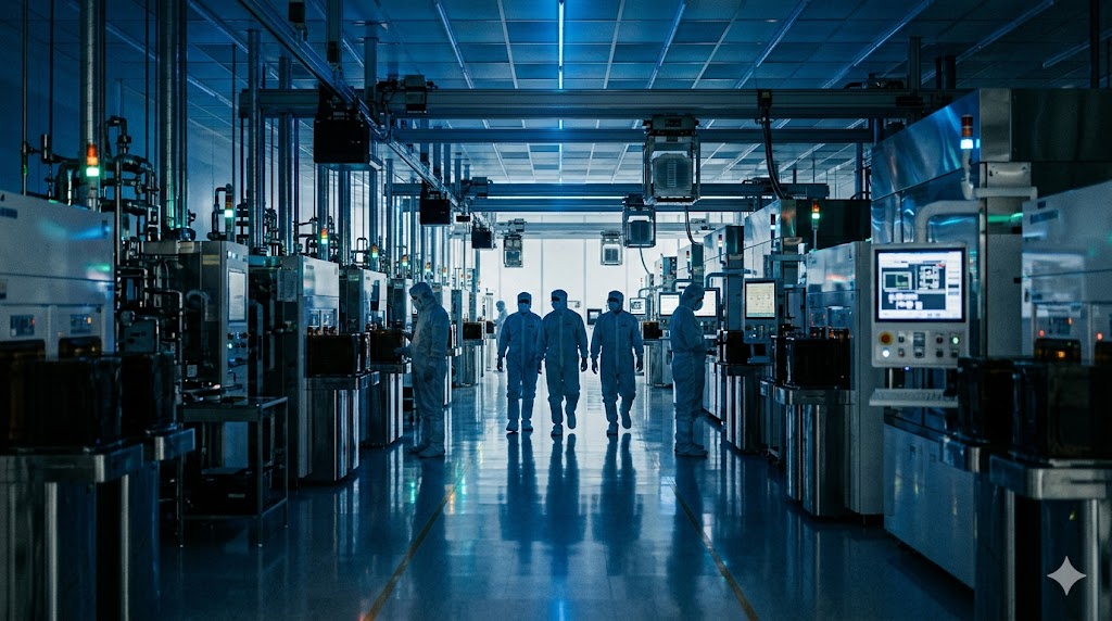 A wide cinematic editorial photograph of a sprawling semiconductor fabrication cleanroom bathed in cool blue light, gowned technicians silhouetted between rows of polished machinery, conveying high-te