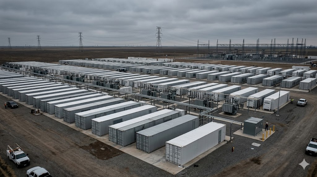Wide cinematic editorial photograph of a vast industrial battery energy storage facility with rows of sleek metal containers under a moody overcast sky, high-voltage transmission towers stretching int