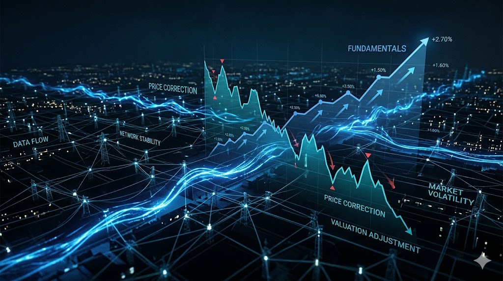 Abstract wide-angle visualization of glowing blue energy data streams and rising and falling line graphs overlaid on a dark power-grid network of electrical nodes, conveying tension between strong fun