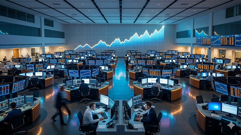 A sweeping cinematic wide shot of a modern financial trading floor at dawn, glowing blue and amber market screens reflecting off polished surfaces, an abstract upward-surging line graph projected acro