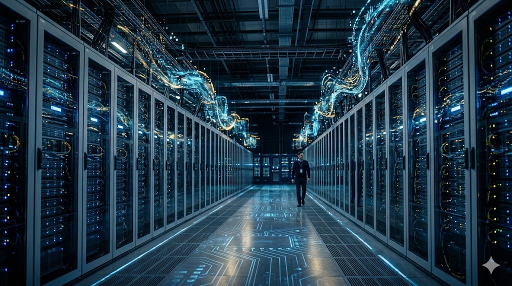 A wide atmospheric editorial image of a vast futuristic data center corridor with towering server racks emitting soft blue light, faint glowing circuit patterns and rising abstract data streams symbol