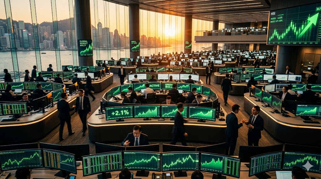 Wide cinematic editorial photograph of a modern Asian financial trading floor at golden hour, sleek curved monitors glowing with abstract upward green candlestick charts and rising arrows, blurred sil