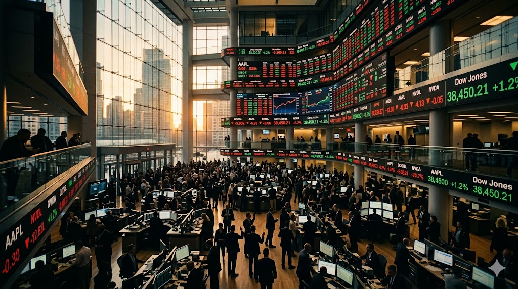 Cinematic wide editorial photograph of a towering modern stock exchange trading floor at golden hour, illuminated digital ticker boards glowing red and green above silhouetted traders, dramatic shadow