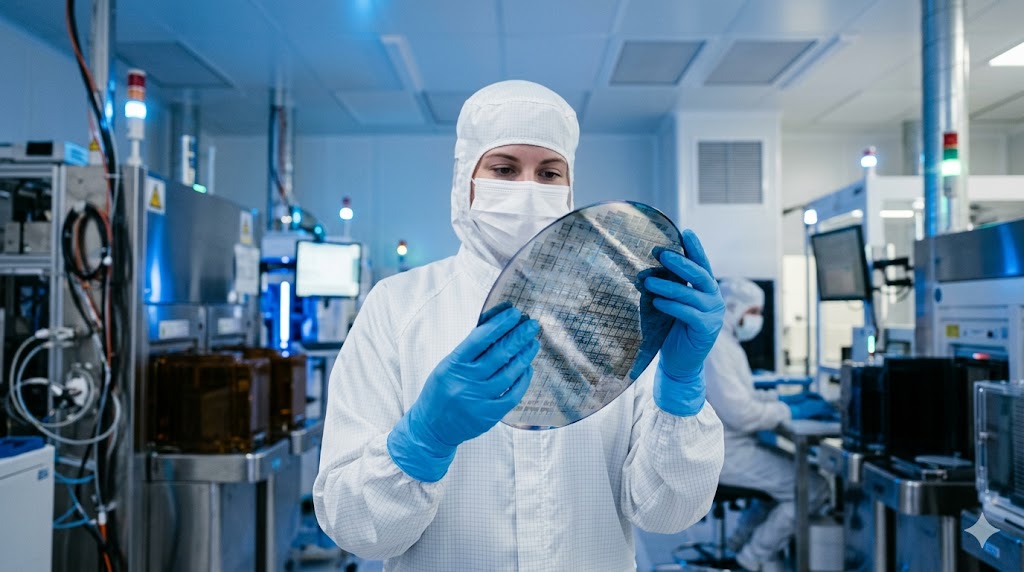 Cinematic wide-angle shot of a pristine semiconductor memory chip wafer being held by gloved hands in a sterile cleanroom, soft blue ambient lighting reflecting off mirror-like silicon surface, shallo