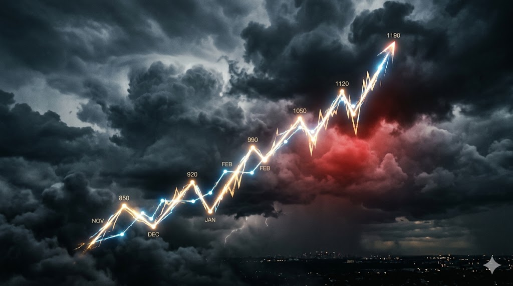 Editorial wide shot of an abstract glowing upward stock chart line ascending through dark storm clouds, soft red warning glow emerging beneath the peak, conveying record highs shadowed by underlying f