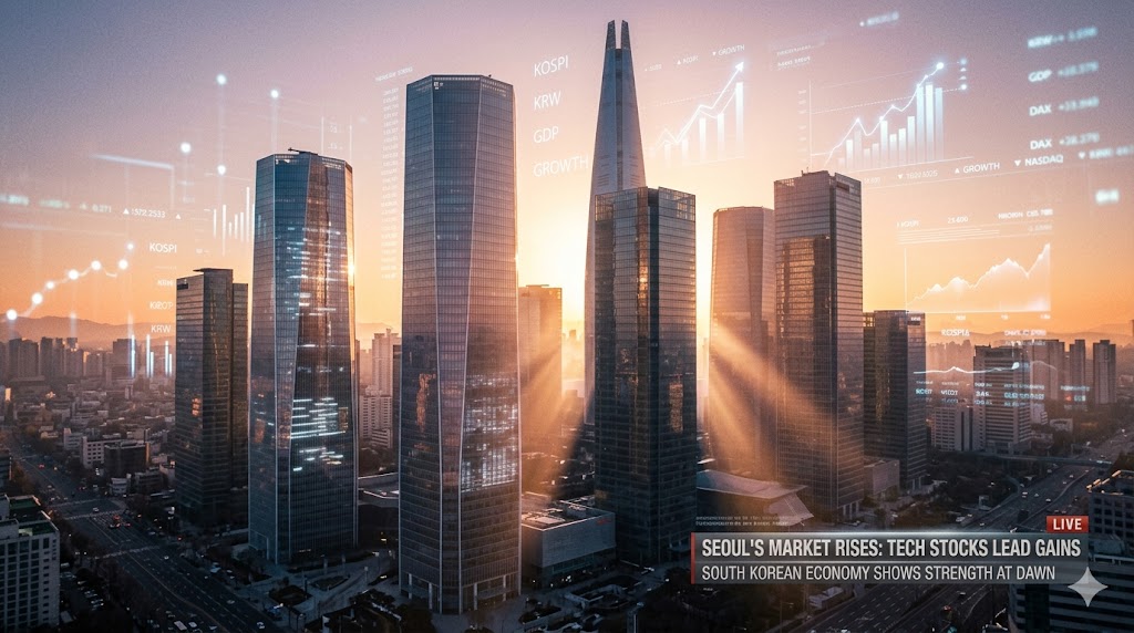 Abstract editorial composition of soaring translucent glass skyscrapers in Seoul at sunrise, golden light piercing through gaps, faint holographic upward trending graphs and data streams overlaid on t