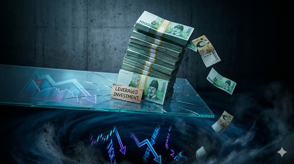 Cinematic conceptual photograph of stacked Korean won banknotes balanced precariously on a thin glass surface above a deep dark void, soft blue editorial lighting symbolizing massive household debt fu
