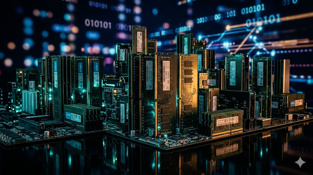 Wide cinematic macro photograph of stacked memory chip modules arranged like a futuristic city skyline on reflective black surface, dramatic side lighting with cool teal and warm amber accents, soft b