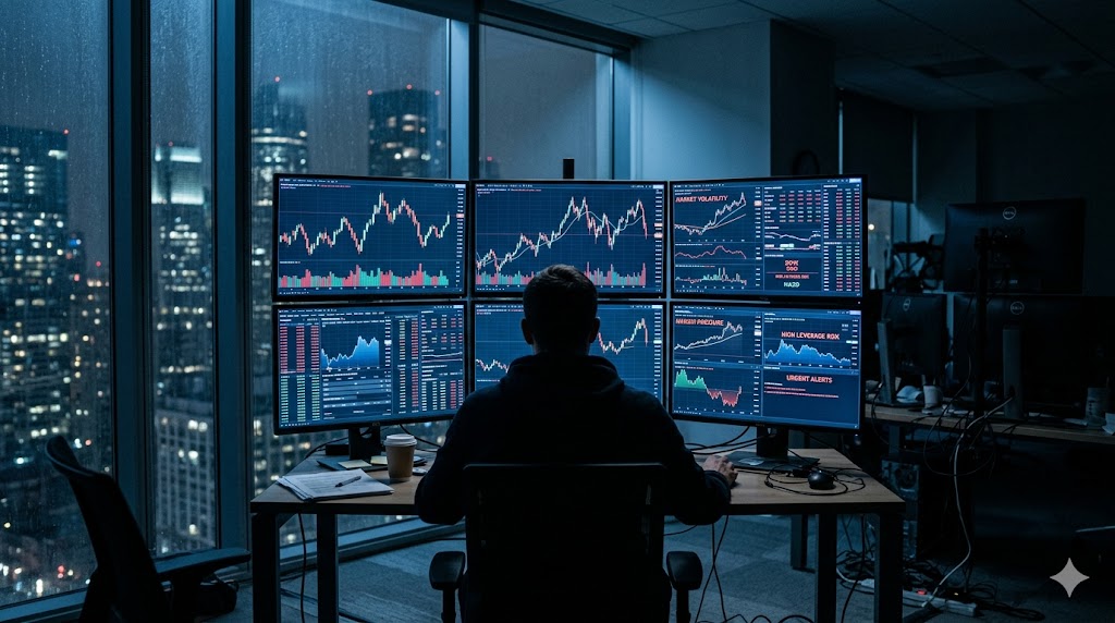 Wide editorial photograph of a tense modern office scene from behind, anonymous individual silhouetted against multiple monitors displaying abstract candlestick charts and rising graphs, cool blue ton