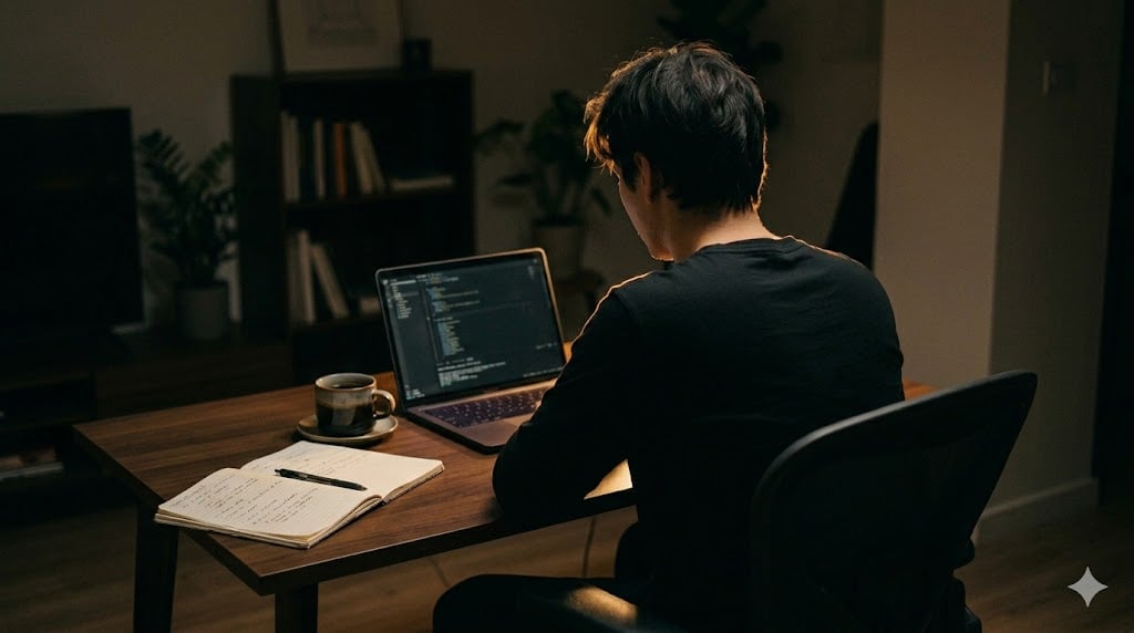 노트북 앞에서 깨달음을 얻은 듯 가볍게 미소 짓는 검은
