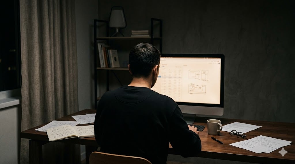 턱을 괴고 모니터를 진지하게 응시하는 검은 셔츠의 남자