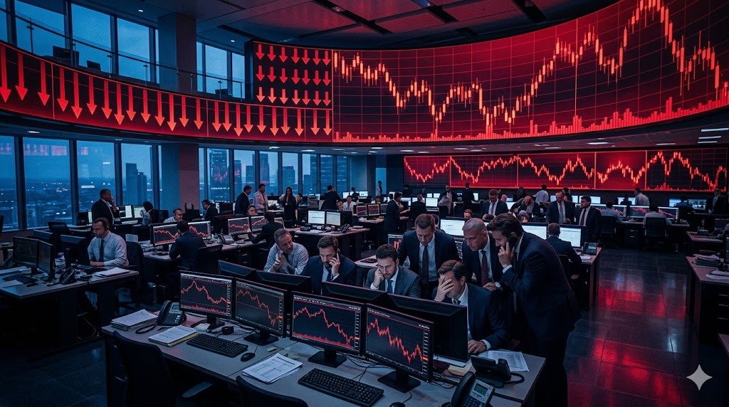 Wide cinematic editorial news photo of a dramatic financial trading floor at dawn, glowing red downward arrows and cascading candlestick charts on massive curved digital screens, tense atmosphere, dee