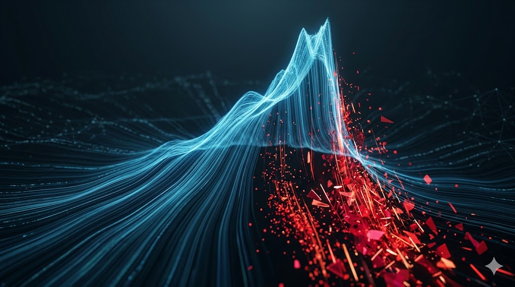 Wide abstract editorial visualization of a towering stock index peak followed by a sharp downward cliff rendered in flowing light streams, cool blue tones with a sudden surge of red data particles sym