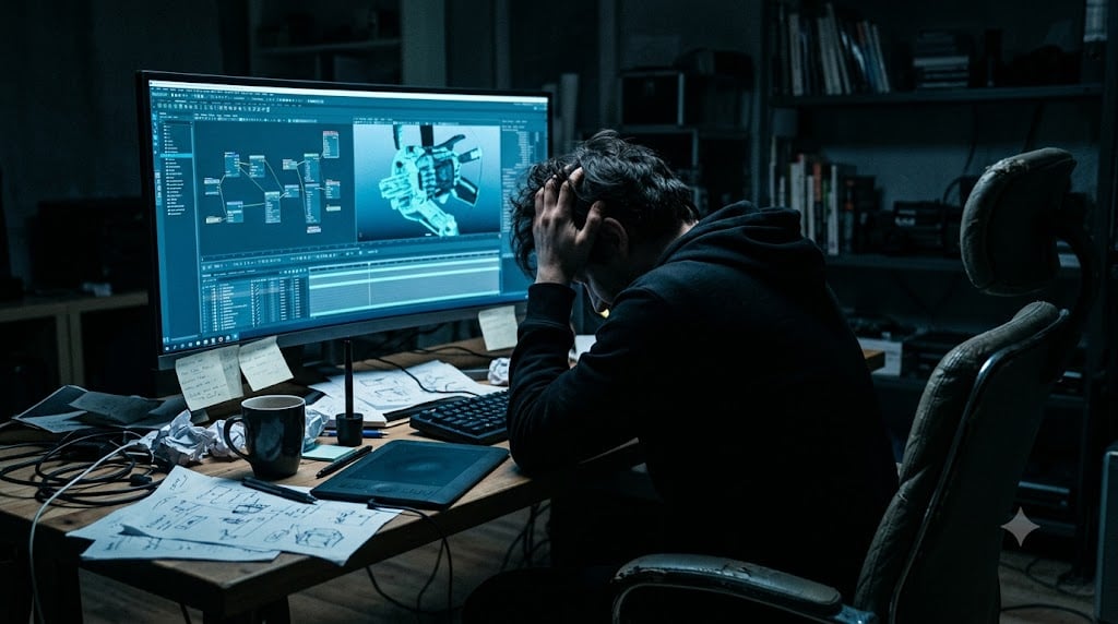 복잡한 3D 프로그램 화면 앞에서 머리를 감싸쥔 검은